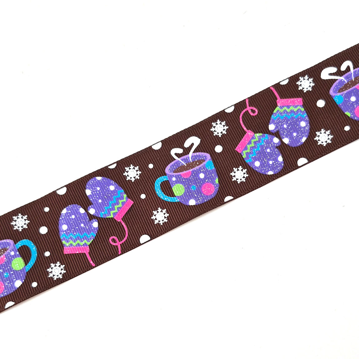 Hot Cocoa and Mittens printed grosgrain craft ribbon, cut to order in 5-yard lengths