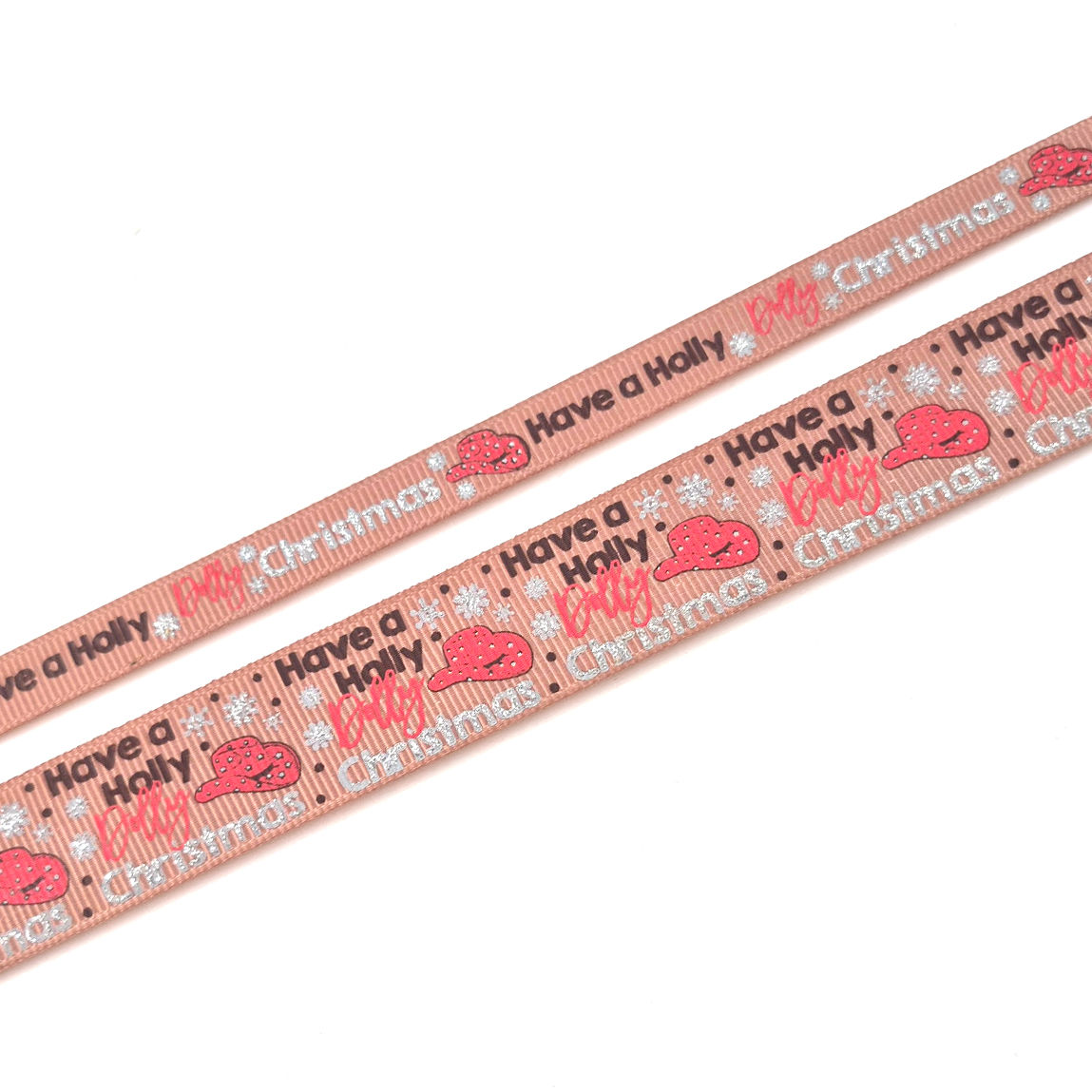 Holly Dolly Christmas Natural Grosgrain Ribbon printed grosgrain craft ribbon, cut to order in 5-yard lengths
