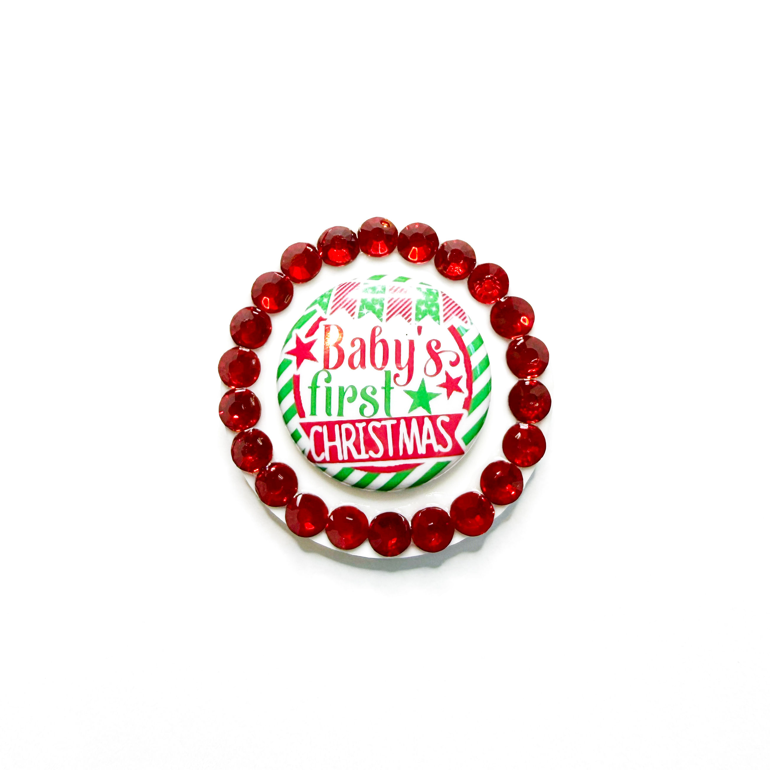 Baby's First Christmas Halo Button, 1.5 inch rhinestone bow center with 1 inch flat-back button