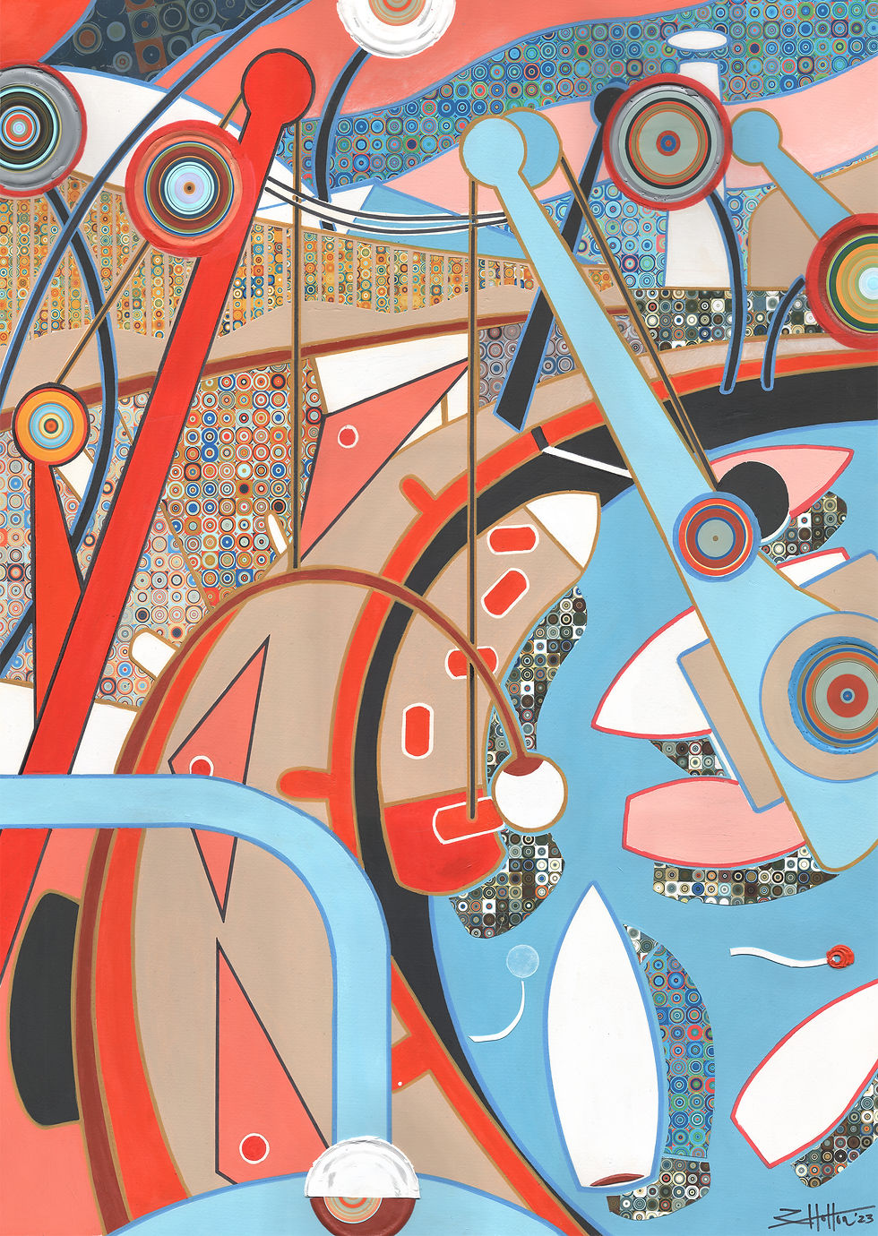 Thumbnail: Colourful mixed media cubism style painting of a Harbour in Jersey by Rian Hotton