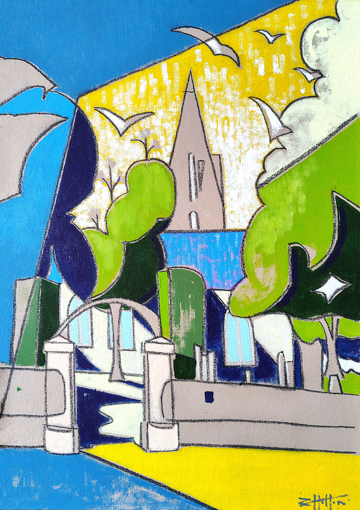 'Grouville Parish Church Entrance' Acrylic and charcoal on canvas 42 x 60cm