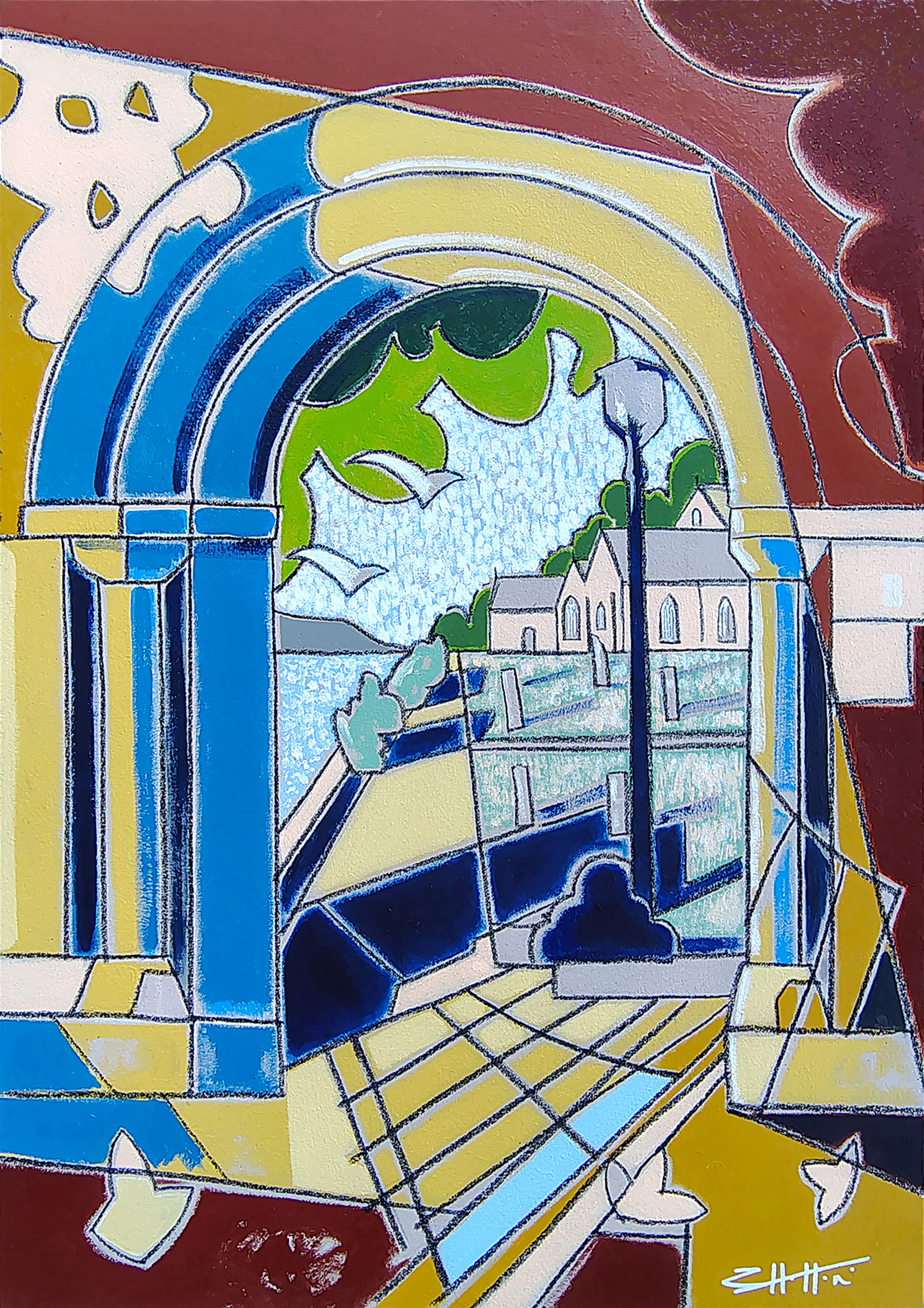 'St Brelade Church' Acrylic and charcoal on canvas 61 x 91cm