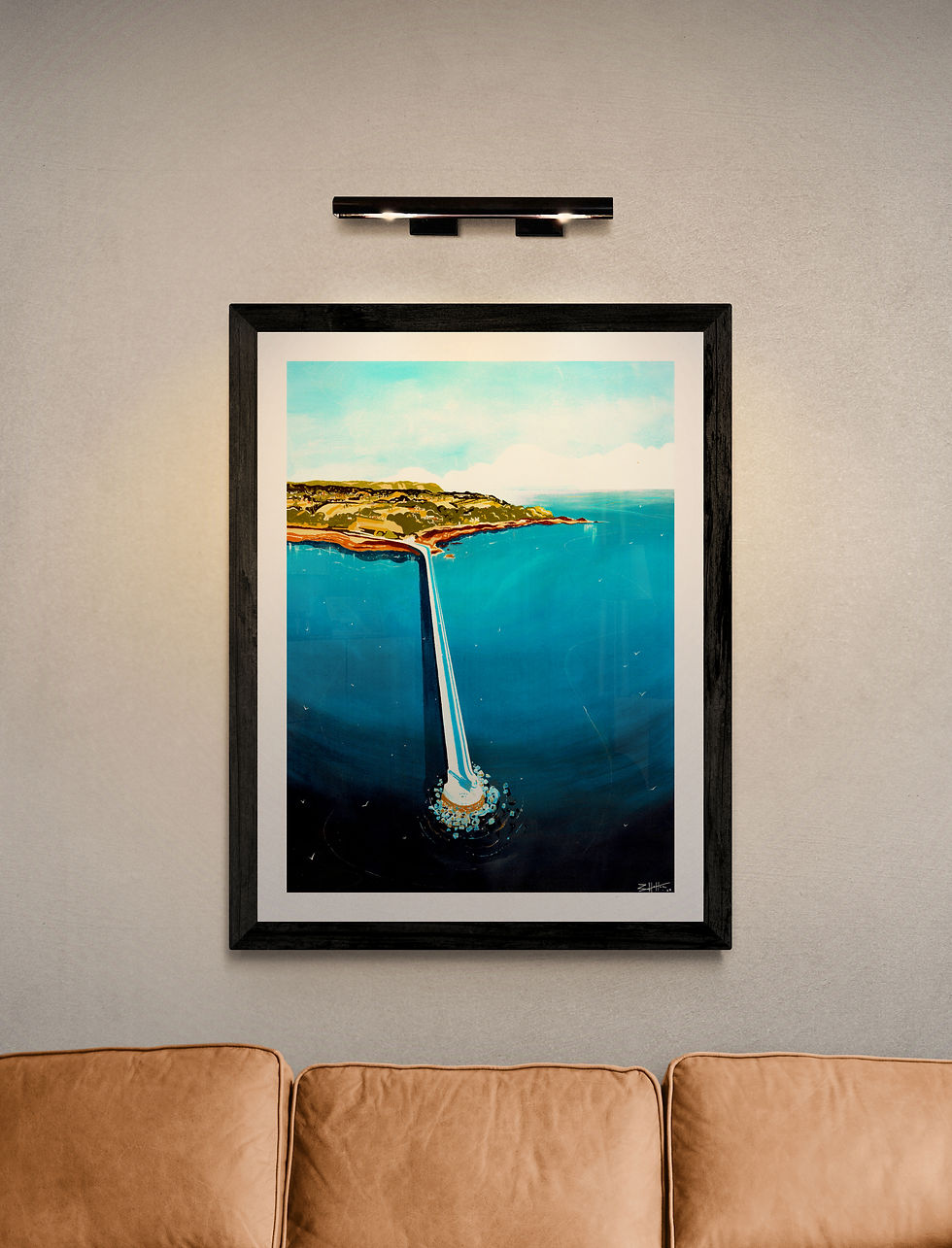 Thumbnail: Painting in birds eye view of St Catherine's Breakwater in Jersey by Rian Hotton