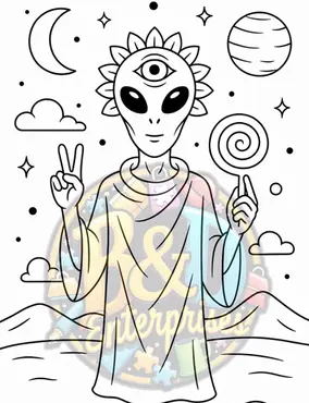 Cartoon alien with three eyes, sun-like rays around its head, holding a lollipop and flashing a peace sign in space.