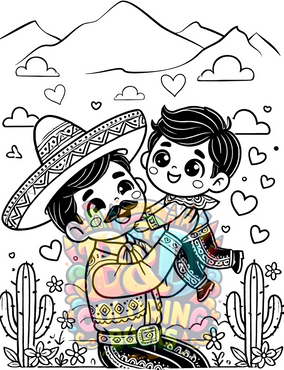 Cute cartoon of a dad in a sombrero lifting his son in matching traditional Mexican clothing with hearts and cactus in the background.