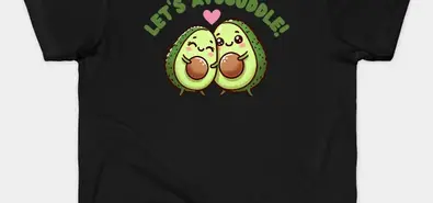 Premium youth black T-shirt with a vibrant “Let’s Avocuddle!” avocado couple design, perfect for kids with a fun sense of style.