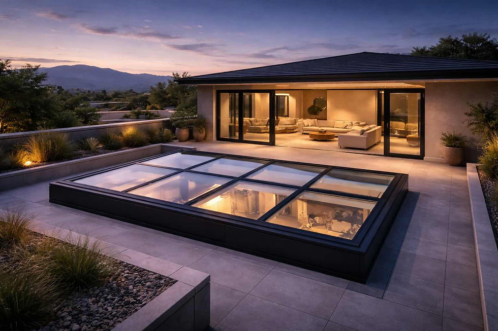 Modern house exterior at dusk with a flat skylight, pool, and illuminated interior