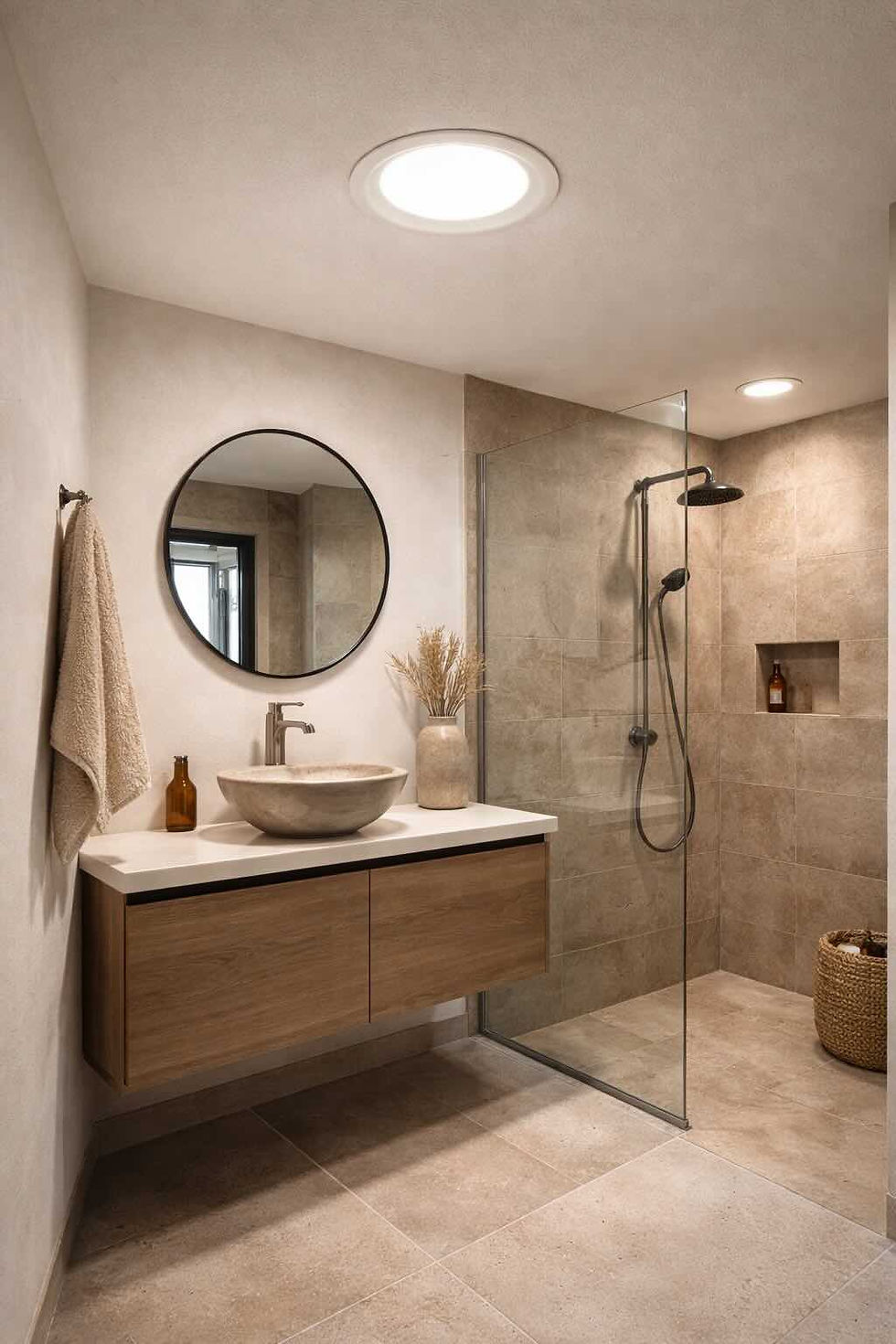 Bathroom and guest toilet lit by a tubular skylight
