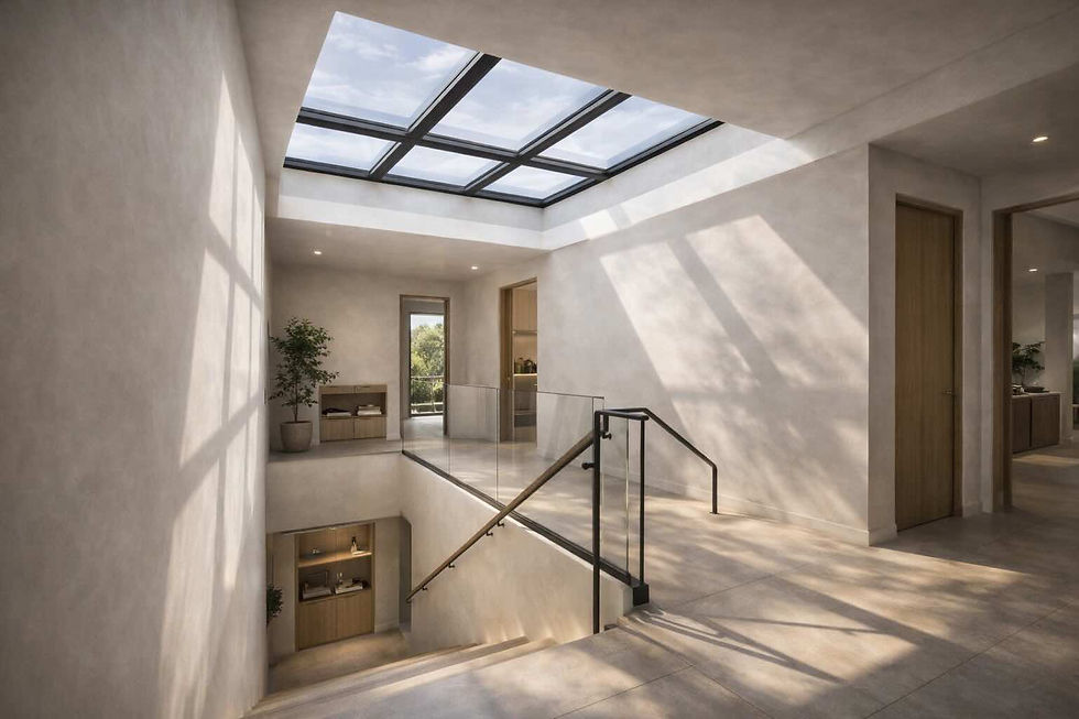 Covered outdoor patio with a flat skylight roof