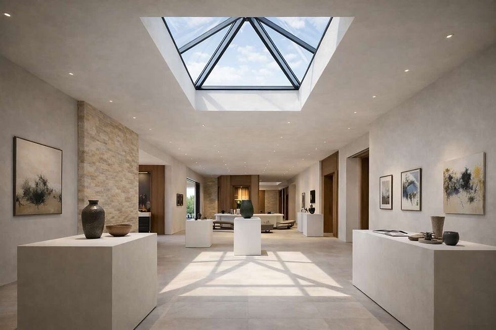 Pyramid skylight above a showroom, gallery, or public-facing feature space