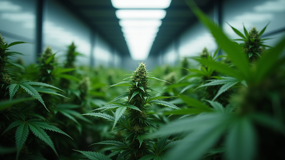 Eye-level view of cannabis plants growing in a controlled indoor environment