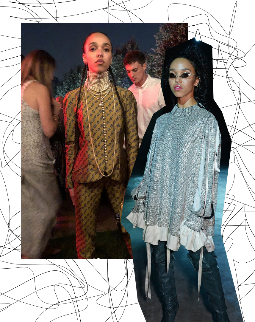 Left, FKA Twigs wearing vintage Dior. Right, FKA Twigs wearing Christopher Kane.