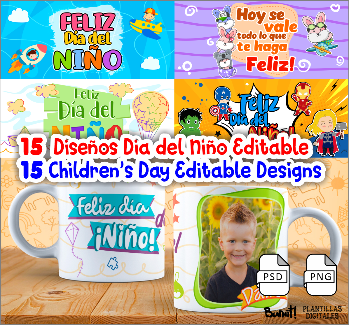 15 PLANTILLAS DIA DEL NIÑO EDITABLES PARA TAZAS