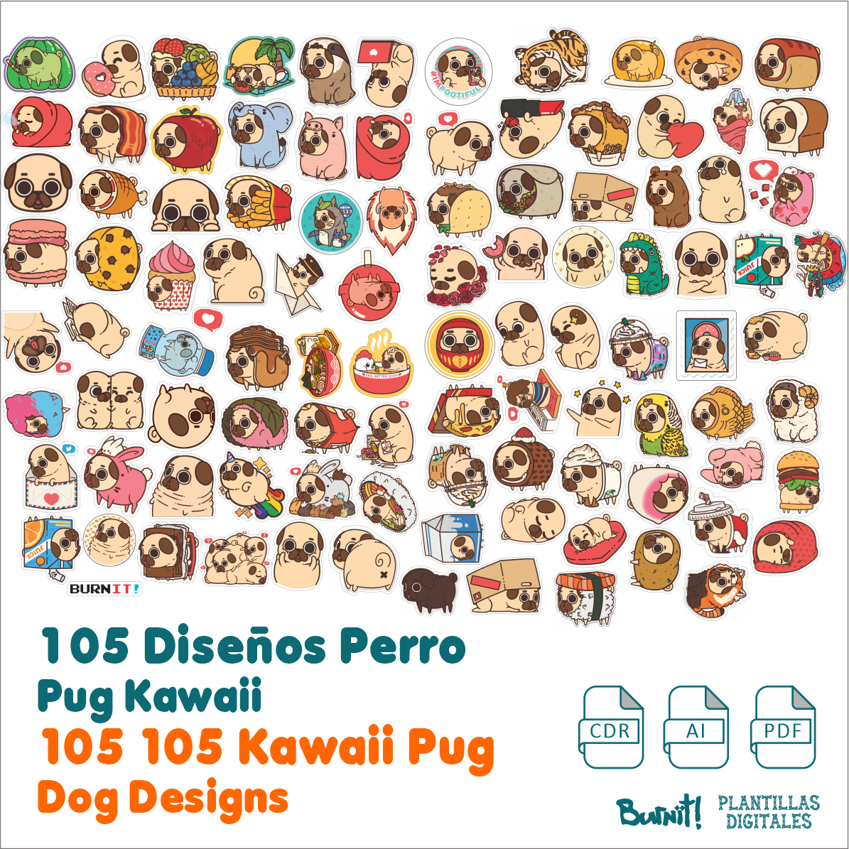 105 PLANTILLAS PERRO PUG KAWAII