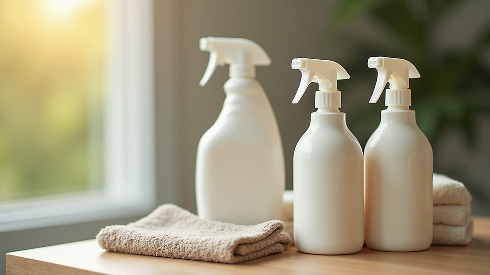 Close-up view of eco-friendly carpet cleaning products on a wooden surface