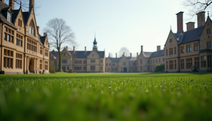 Eye-level view of a historic UK boarding school campus with traditional architecture and green fields