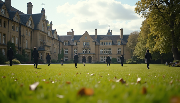 Eye-level view of a historic English boarding school building surrounded by green lawns