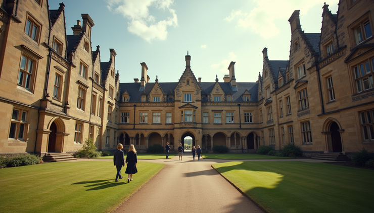 Eye-level view of a traditional UK boarding school courtyard with students walking between historic buildings