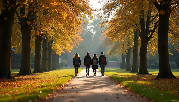 Eye-level view of a historic UK boarding school campus with students walking along a tree-lined path