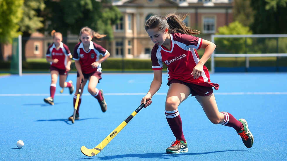 Girls in red field hockey uniforms play on a blue turf field, one dribbling a ball with a yellow stick near a school building.