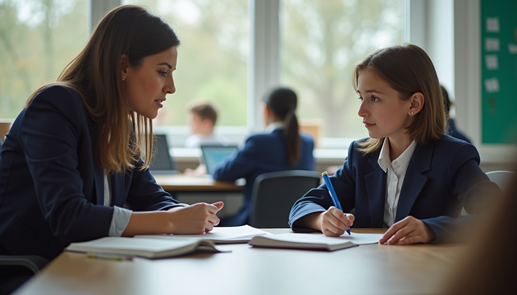 Eye-level view of a UK boarding school classroom with an EAL teacher assisting an international student