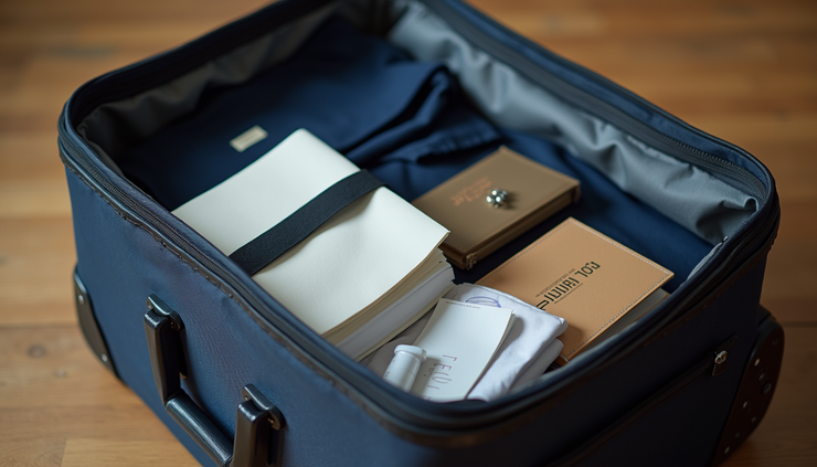 Eye-level view of neatly packed suitcase with UK boarding school essentials