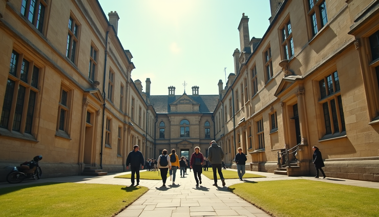 Eye-level view of a historic UK boarding school campus with students walking between buildings
