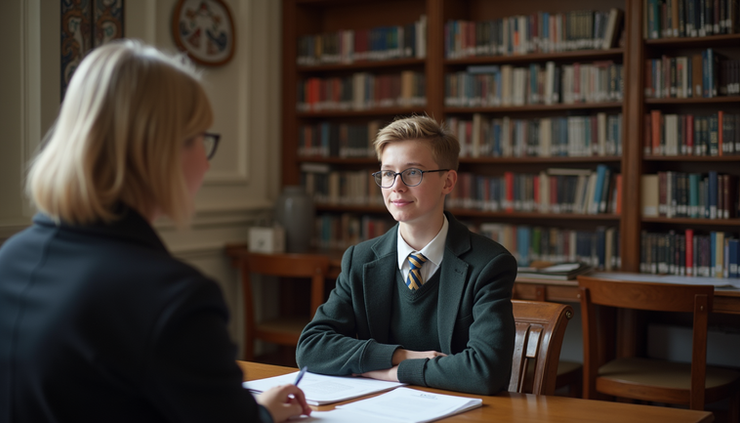 Eye-level view of a student sitting in a classic UK boarding school library during an interview