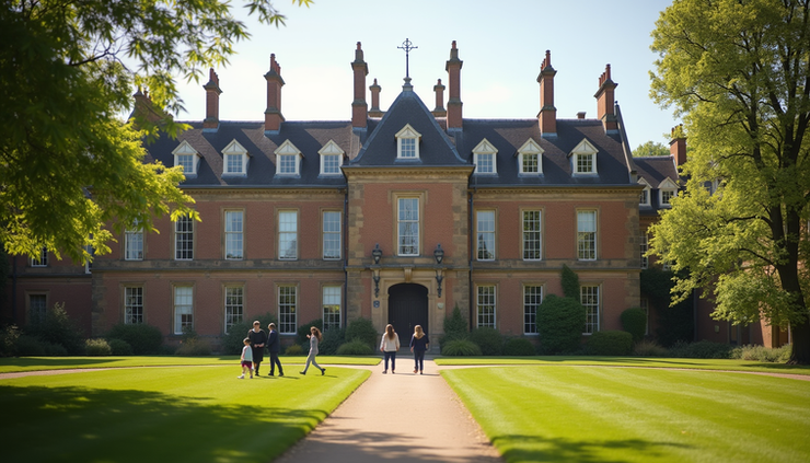 Eye-level view of a traditional UK boarding school building with students walking on the grounds