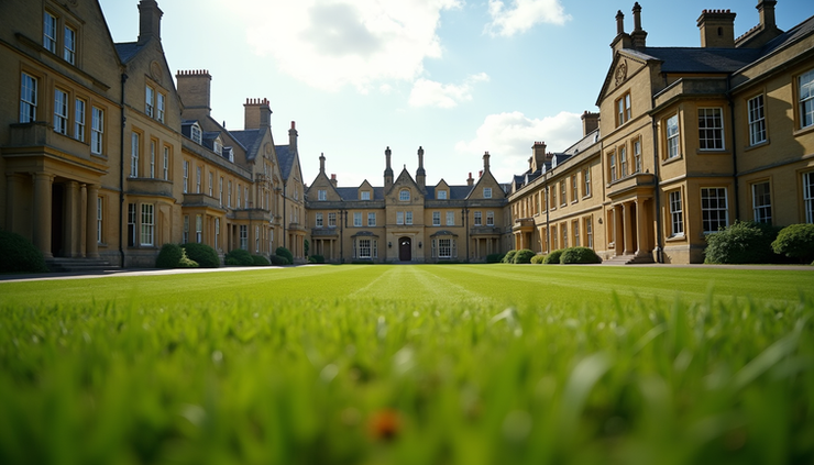 Eye-level view of historic Eton College campus with green lawns and classic architecture
