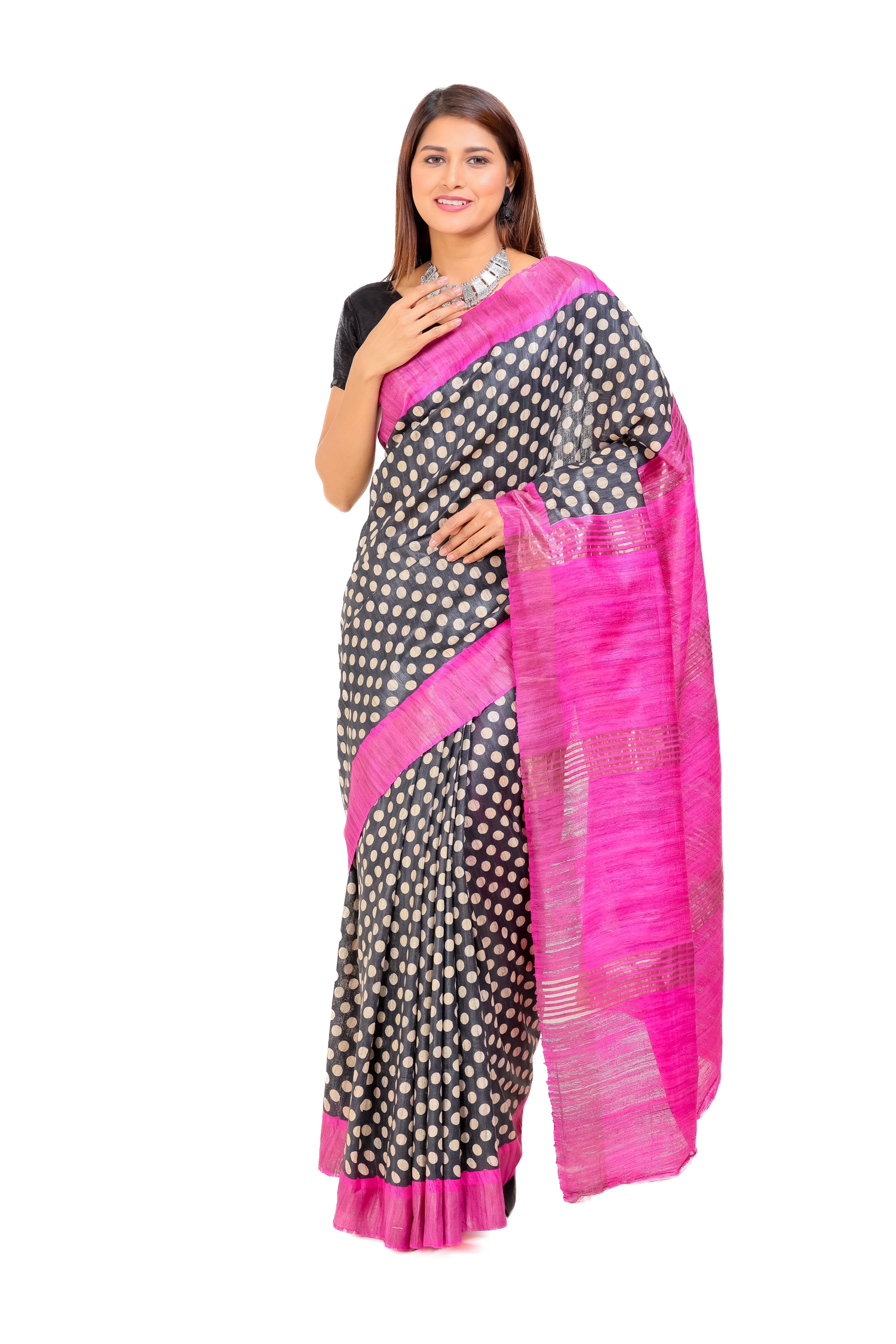 Black Polka Dot Tussar Ghicha Silk Saree