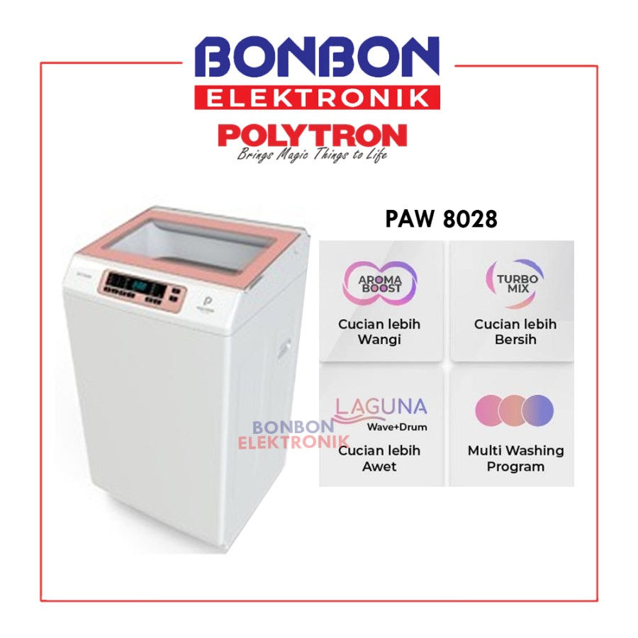 Polytron Mesin Cuci 1 Tabung 8KG PAW 8028W / ZEROMATIC PAW 8028 W