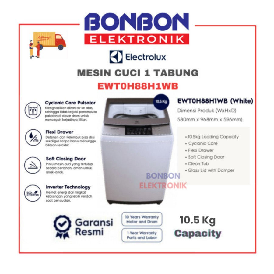 Electrolux Mesin Cuci 1 Tabung 10.5KG EWT0H88H1WB / EWT 0H88H1WB
