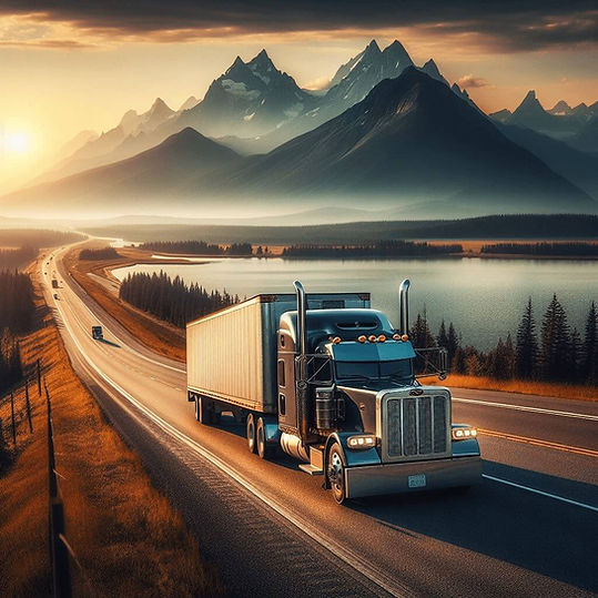 semi truck on the highway in the mountains with a lake in the background