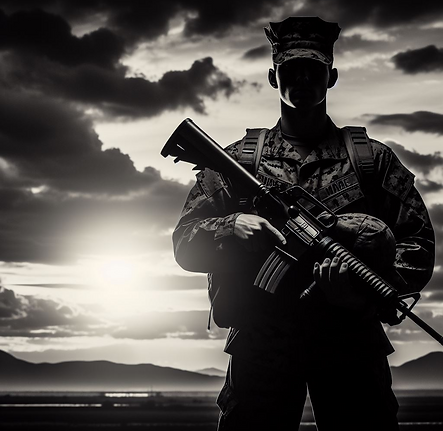 Marine hold a rifle with a cloudy sunset in the background black and white
