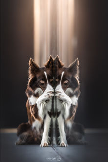 red border collie doing shy trick with reflection in tel aviv