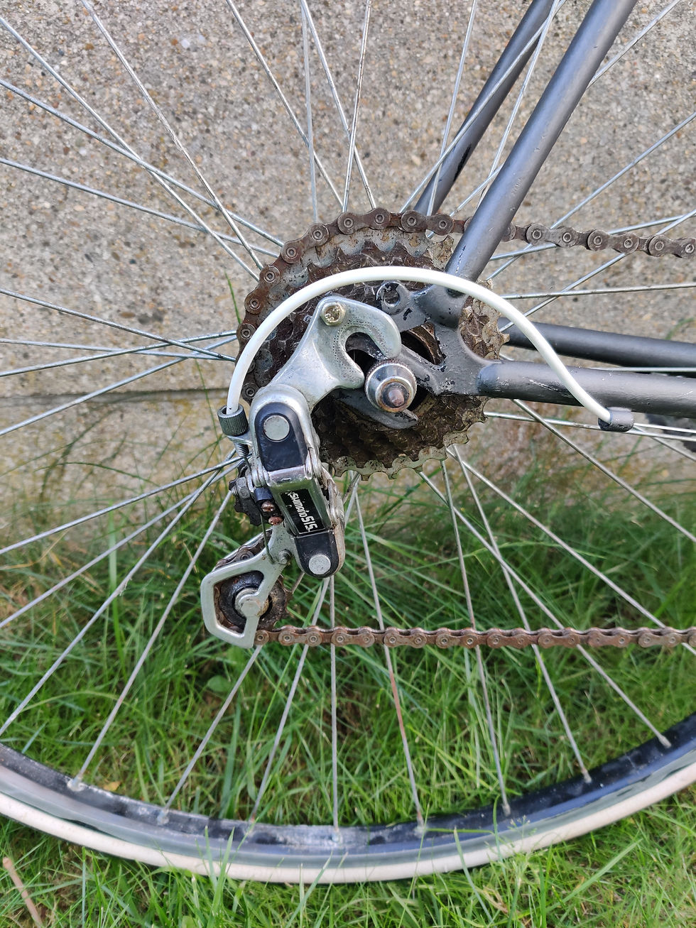 Thumbnail: Matgrijze retro koersfiets van de jaren '80