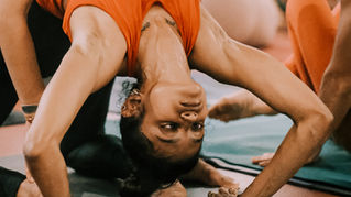 Jyotsna in Kapotasana with nasagrai drishti in Purple Valley Goa India during Laruga Glaser's retreat