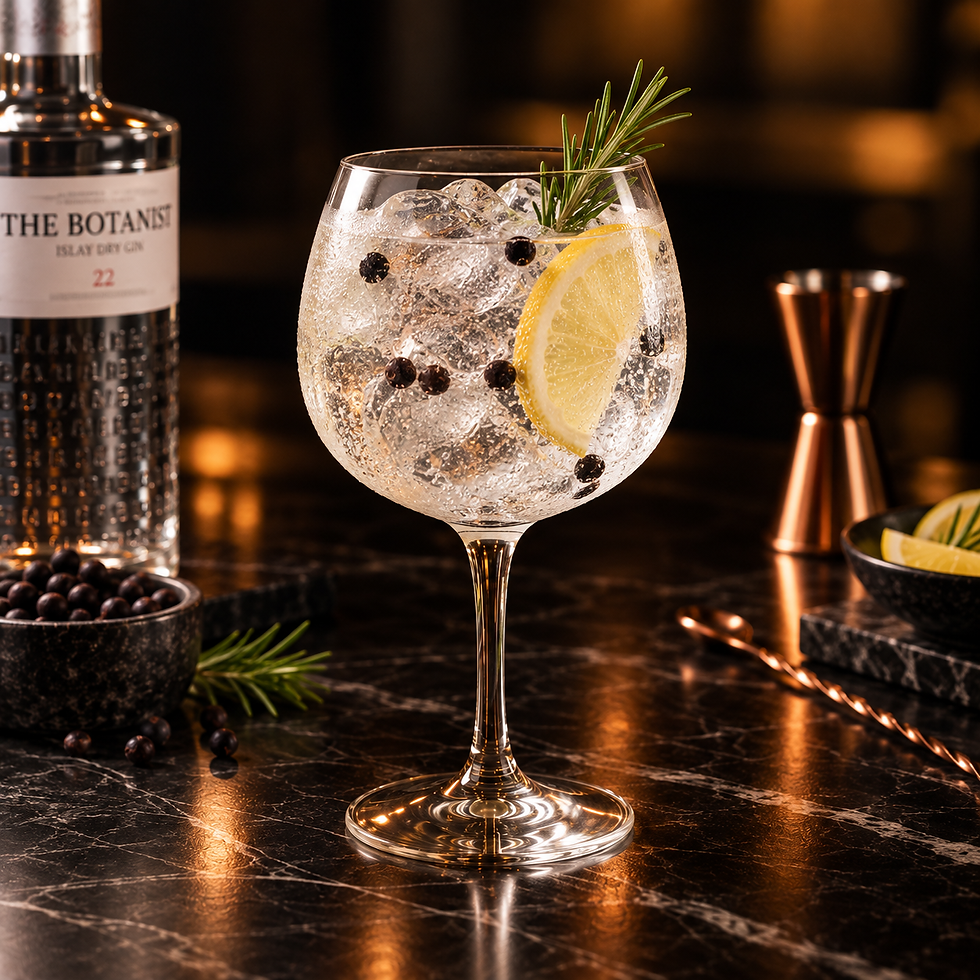 Gin tônica em taça com especiarias e frutas