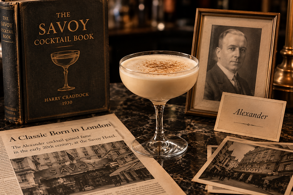 Drink Alexander ao lado de livro de coquetéis antigo, retrato e recortes de jornal sobre a história do drink