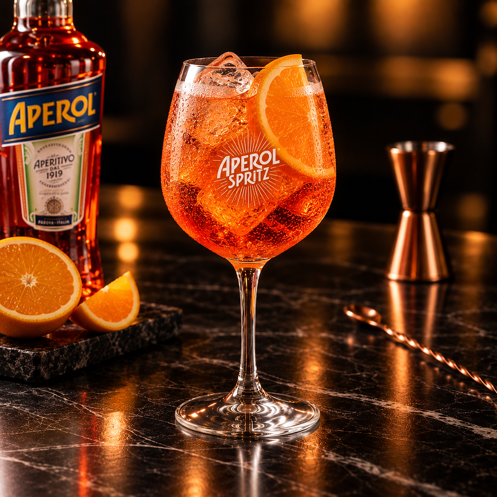 Aperol Spritz em taça com rodela de laranja