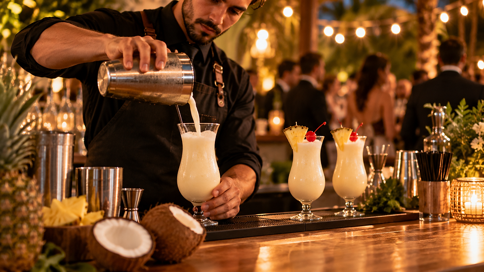 Bartender servindo Piña Colada da coqueteleira em taças hurricane, em bar de evento à noite
