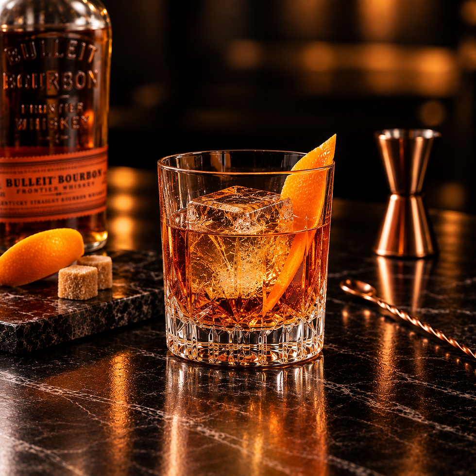 Old Fashioned com whisky, gelo e casca de laranja