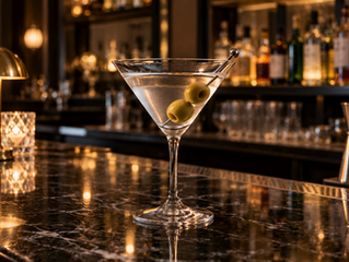 Dry Martini em taça de martini com duas azeitonas no palito sobre balcão de bar
