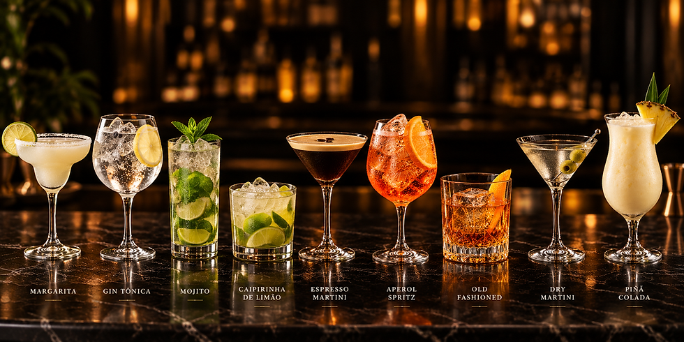 Os 10 drinks clássicos lado a lado no balcão: Margarita, Gin Tônica, Mojito, Caipirinha, Espresso Martini, Aperol Spritz, Old Fashioned, Dry Martini, Negroni e Piña Colada