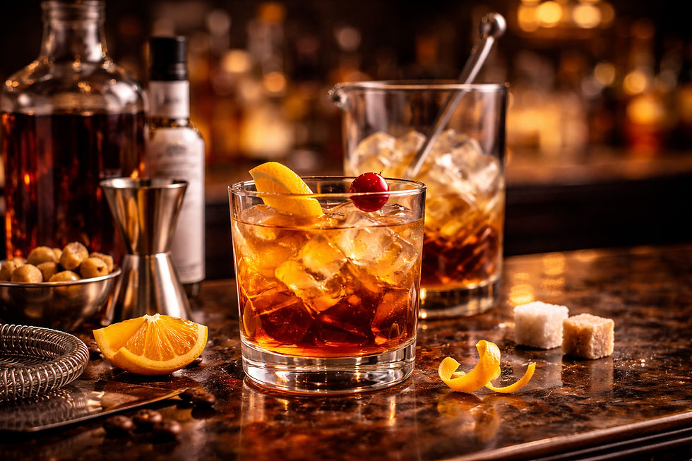 Old Fashioned, servido em copo baixo com gelo, casca de laranja e cereja, em um ambiente de bar elegante e iluminação quente.