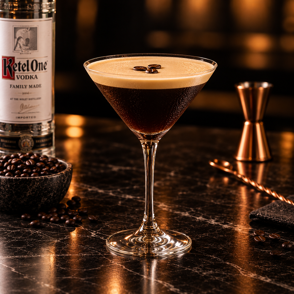 Espresso Martini em taça com espuma cremosa e grãos de café