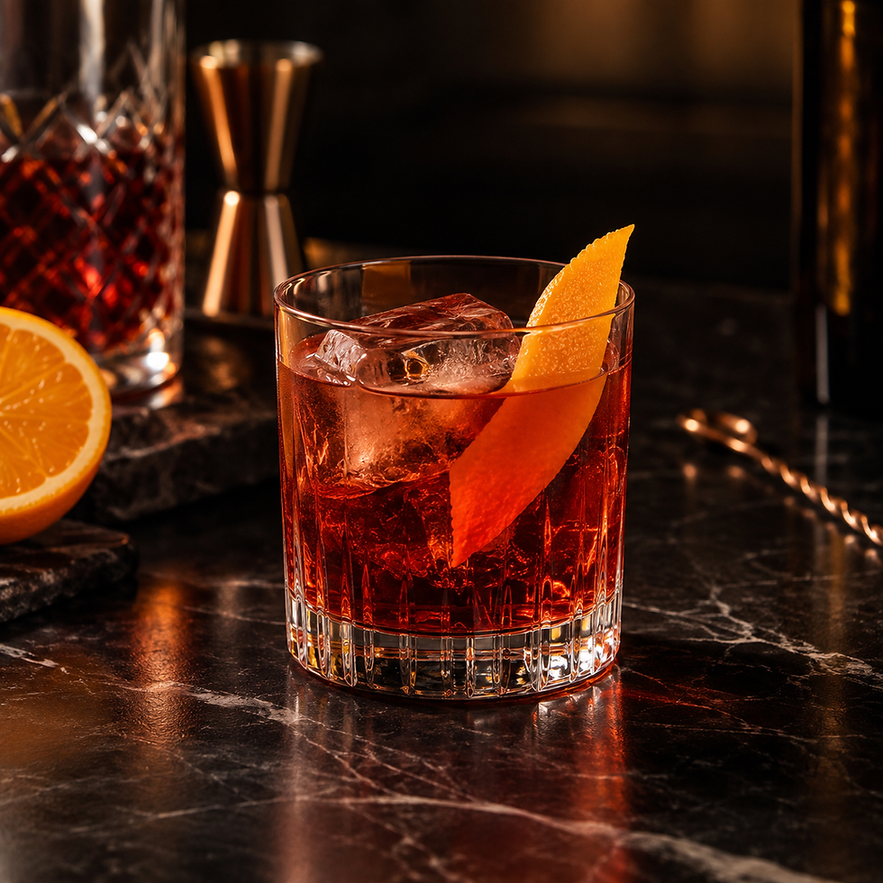 Negroni servido em copo baixo com gelo e casca de laranja