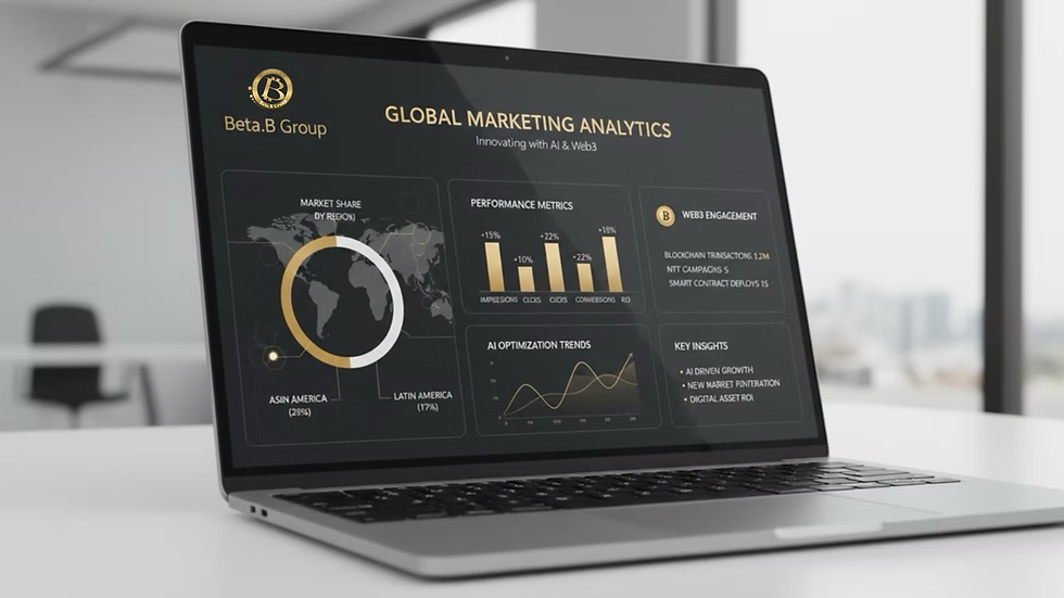 Close-up view of a laptop screen showing global marketing analytics dashboard
