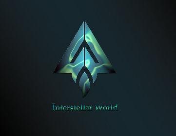 Abstract logo with text: Interstellar World, blue and green on dark background.
